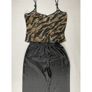 Private Luxuries Pajama Set Lounge Wear  Women's M Black & Leopard Satin & Lace